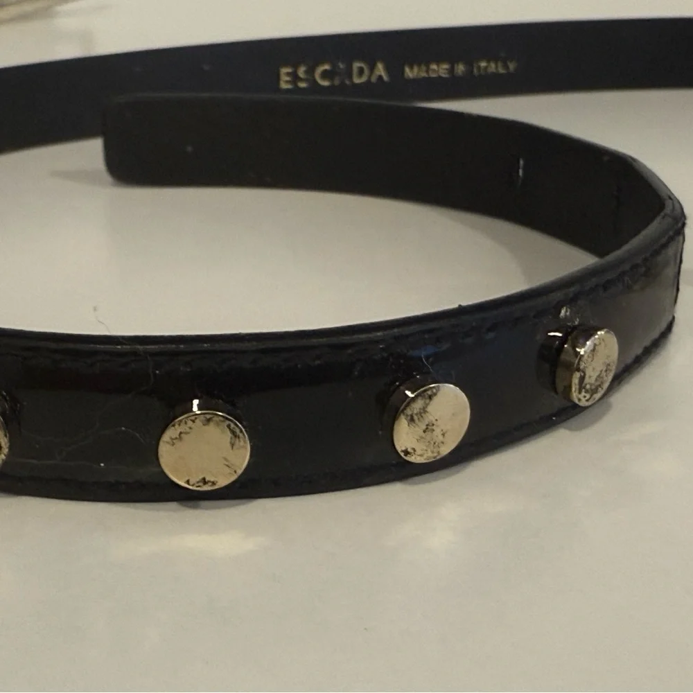 Escada Vintage early 1990's thin black patent belt with gold embellishments